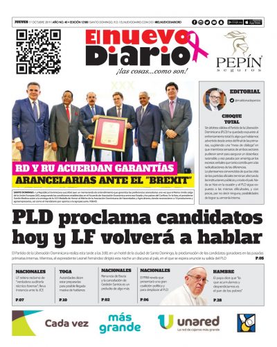 Portada Periódico El Nuevo Diario, Jueves 17 de Octubre, 2019
