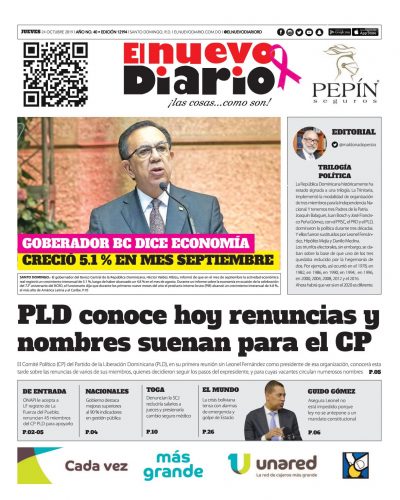 Portada Periódico El Nuevo Diario, Jueves 24 de Octubre, 2019