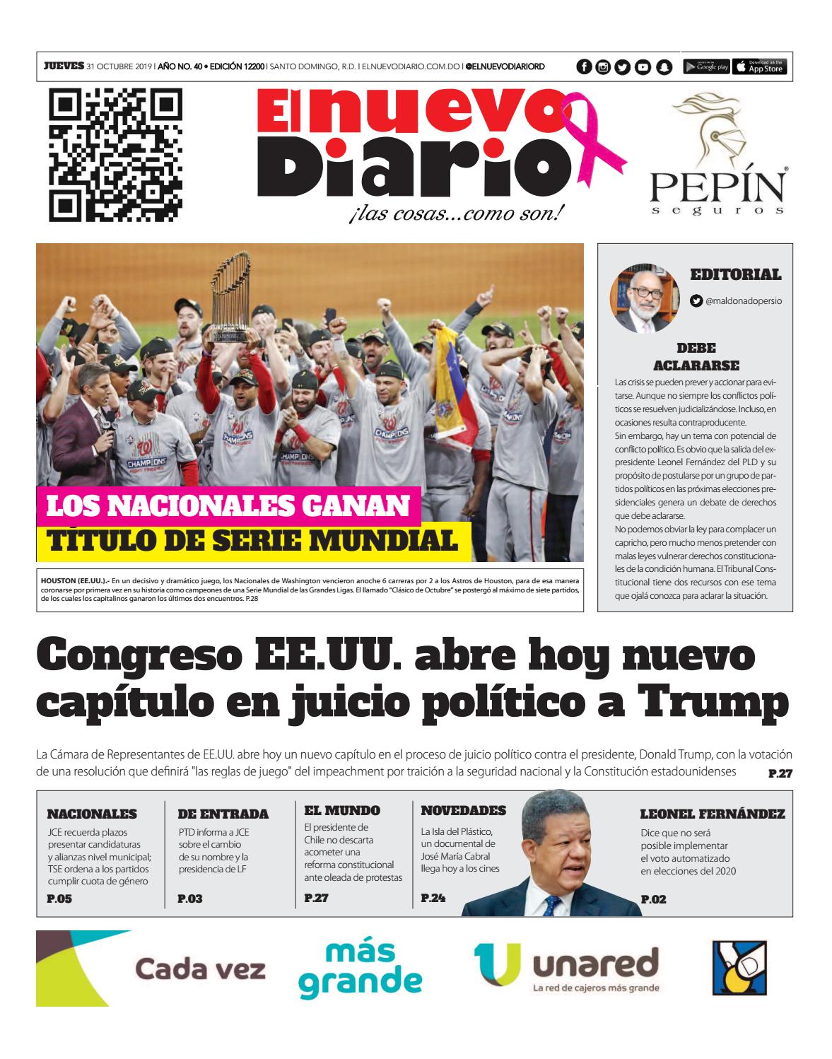 Portada Periódico El Nuevo Diario, Jueves 31 de Octubre, 2019