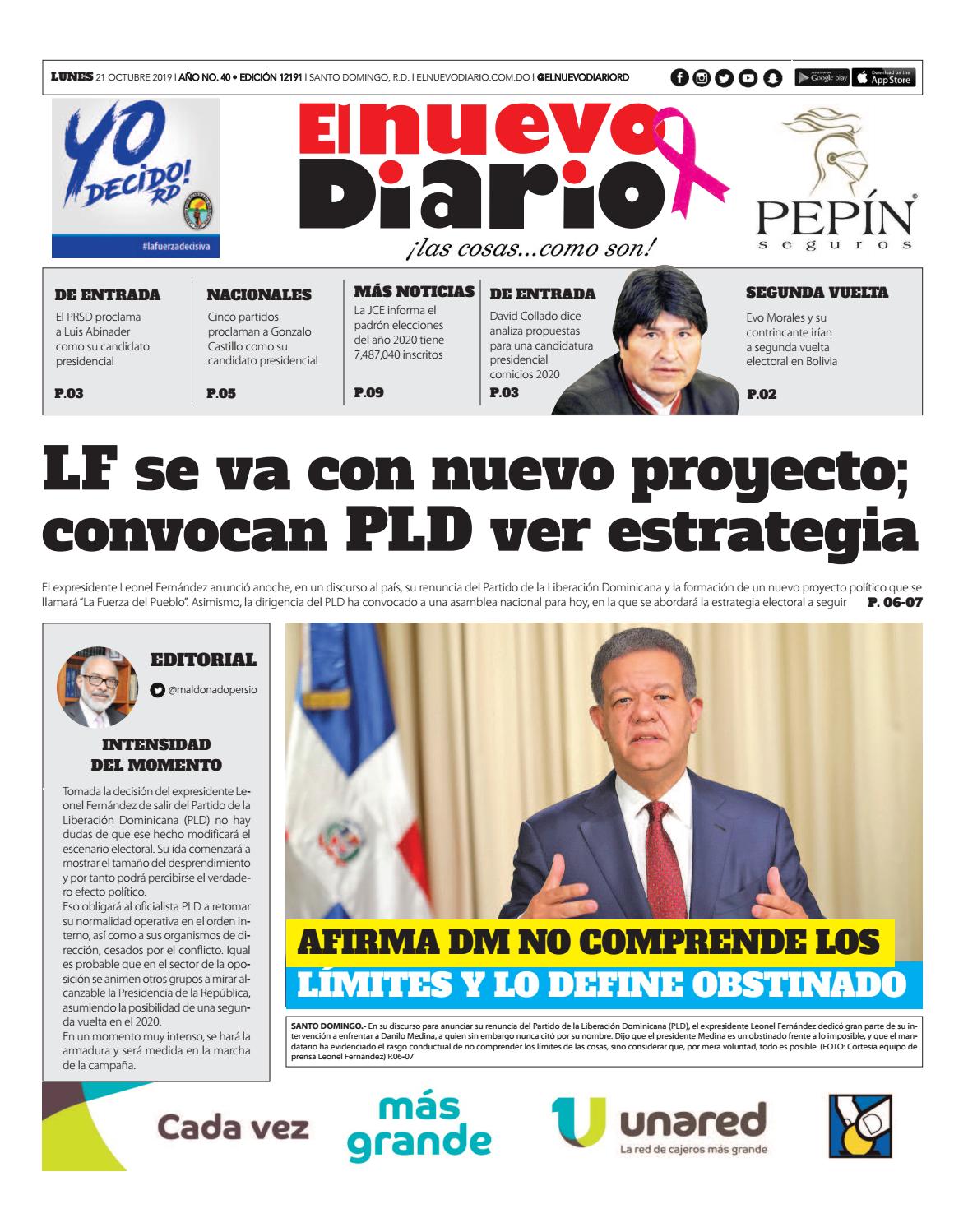 Portada Periódico El Nuevo Diario, Lunes 21 de Octubre, 2019