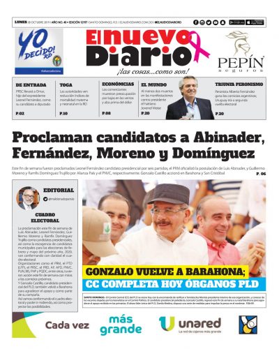 Portada Periódico El Nuevo Diario, Lunes 28 de Octubre, 2019
