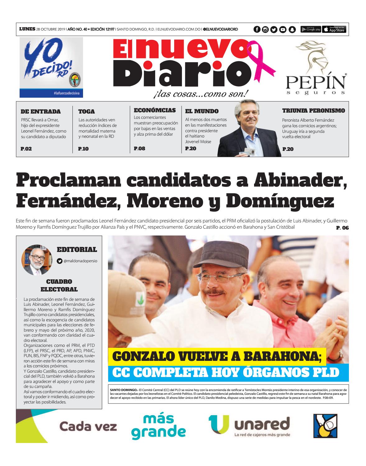 Portada Periódico El Nuevo Diario, Lunes 28 de Octubre, 2019