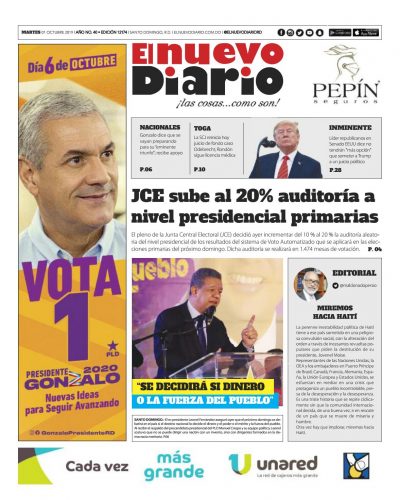 Portada Periódico El Nuevo Diario, Martes 01 de Octubre, 2019