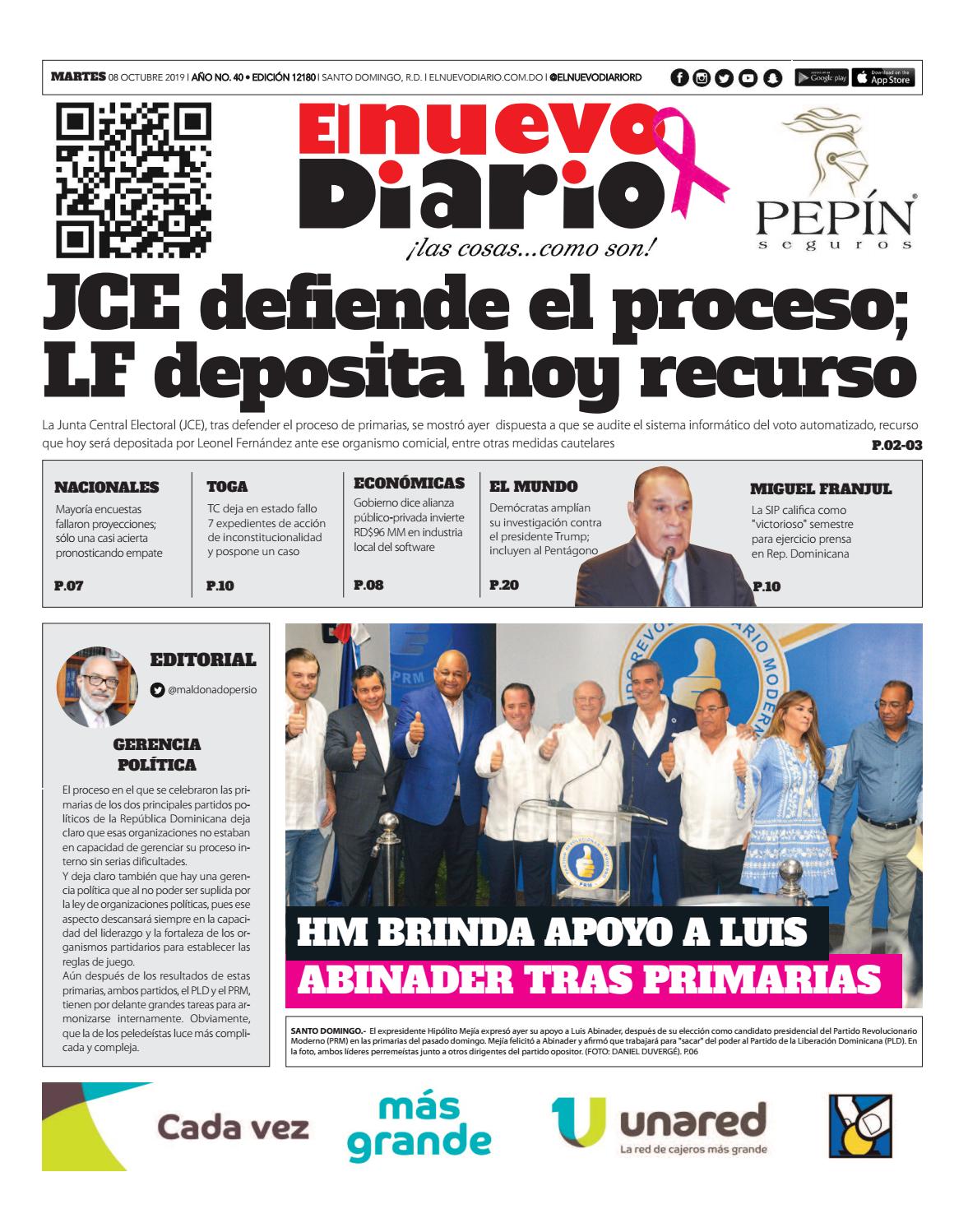 Portada Periódico El Nuevo Diario, Martes 06 de Octubre, 2019