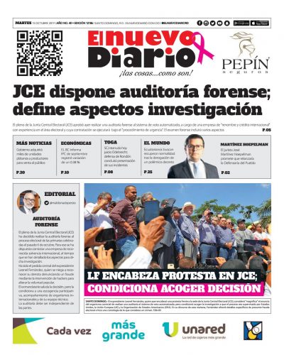 Portada Periódico El Nuevo Diario, Martes 15 de Octubre, 2019