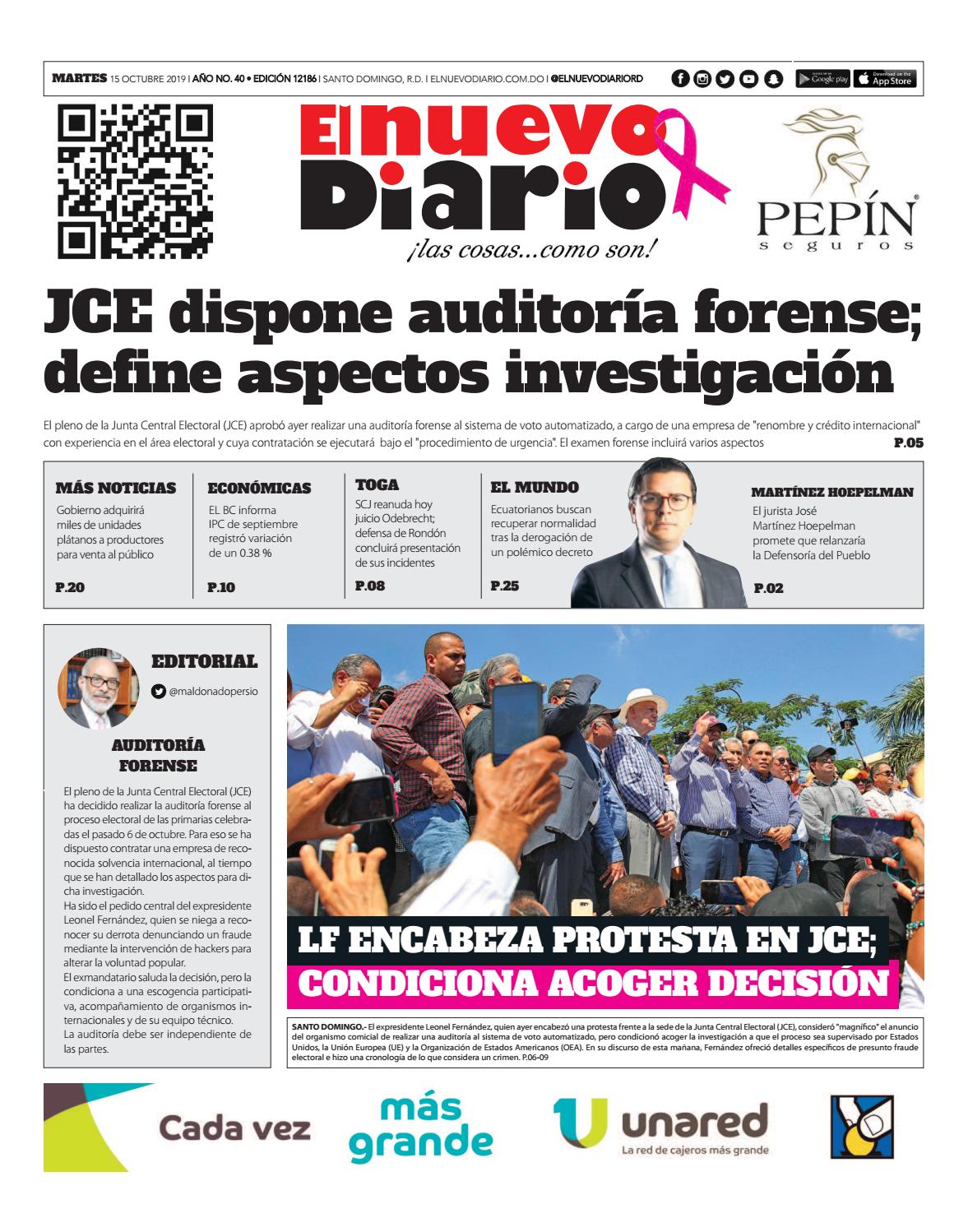 Portada Periódico El Nuevo Diario, Martes 15 de Octubre, 2019