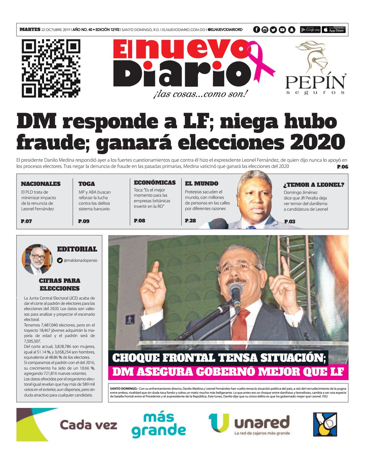 Portada Periódico El Nuevo Diario, Martes 22 de Octubre, 2019