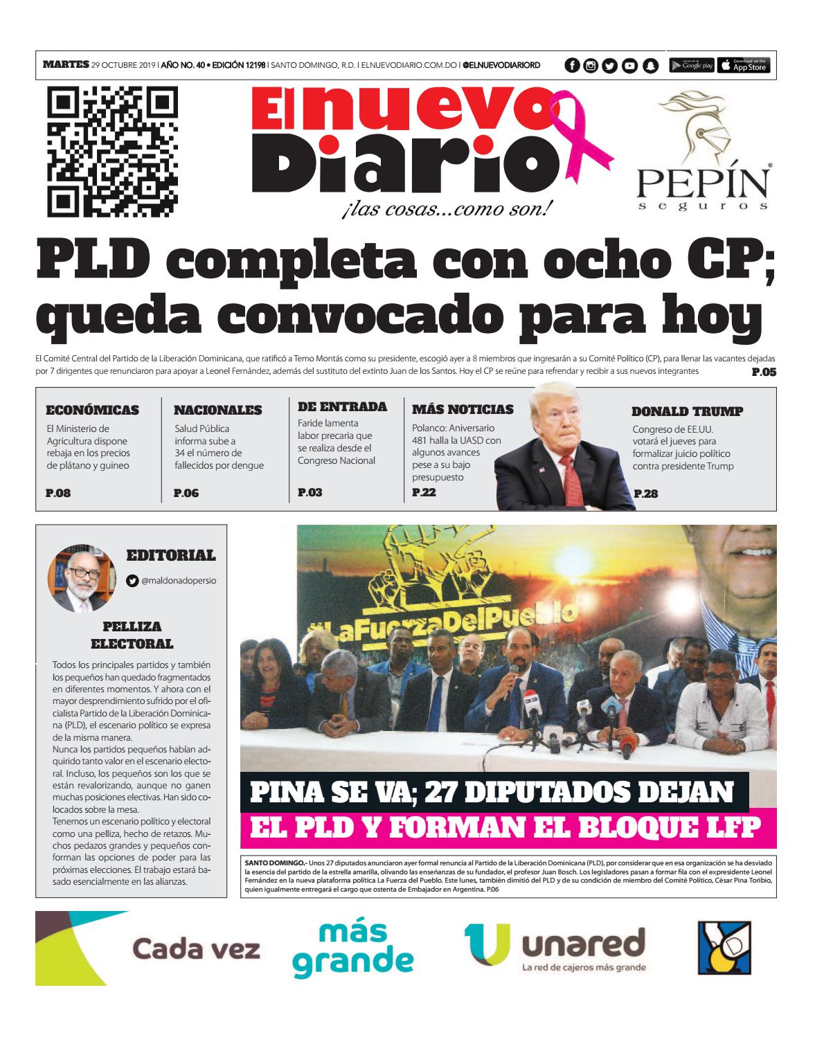 Portada Periódico El Nuevo Diario, Martes 29 de Octubre, 2019