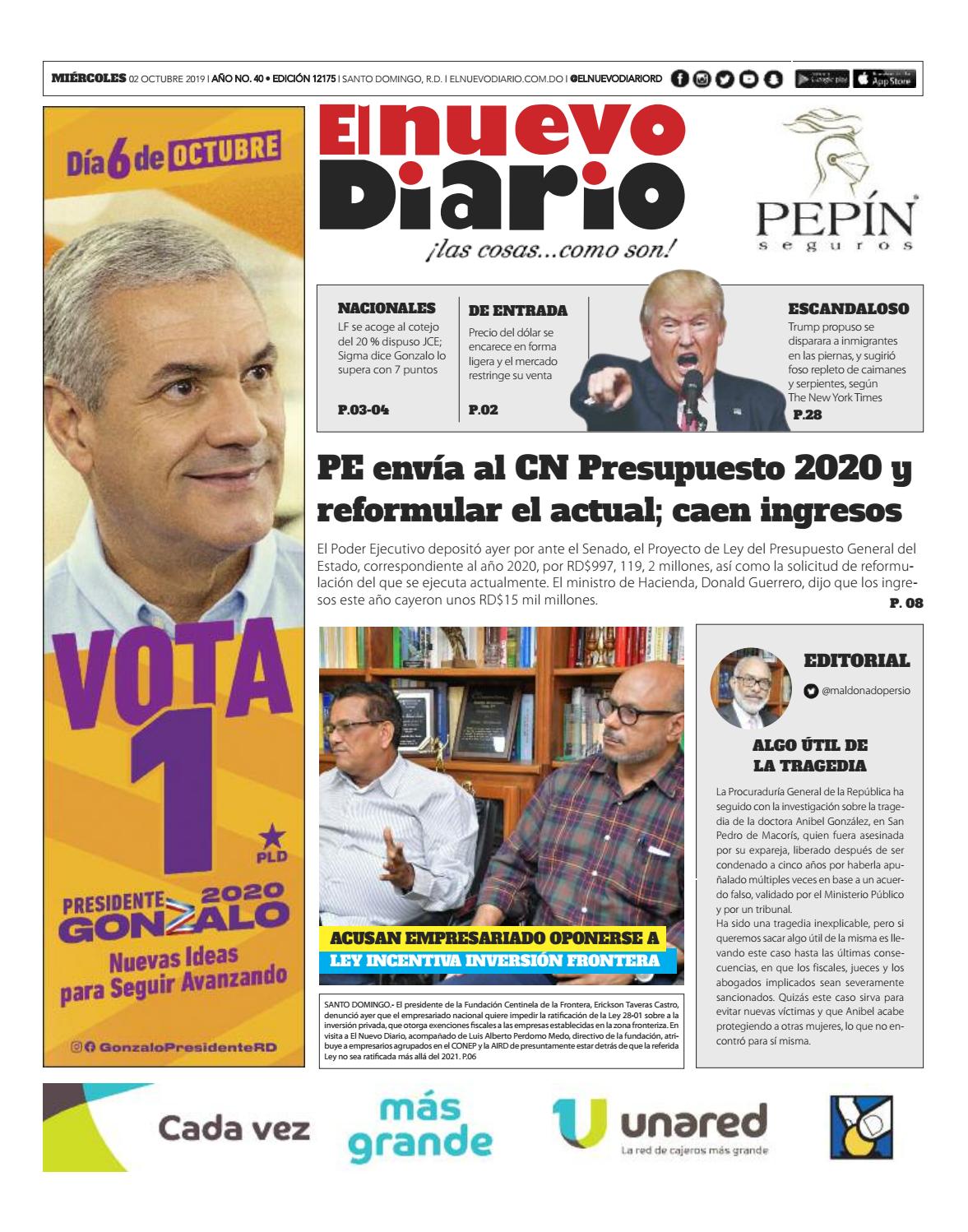 Portada Periódico El Nuevo Diario, Miércoles 02 de Octubre, 2019