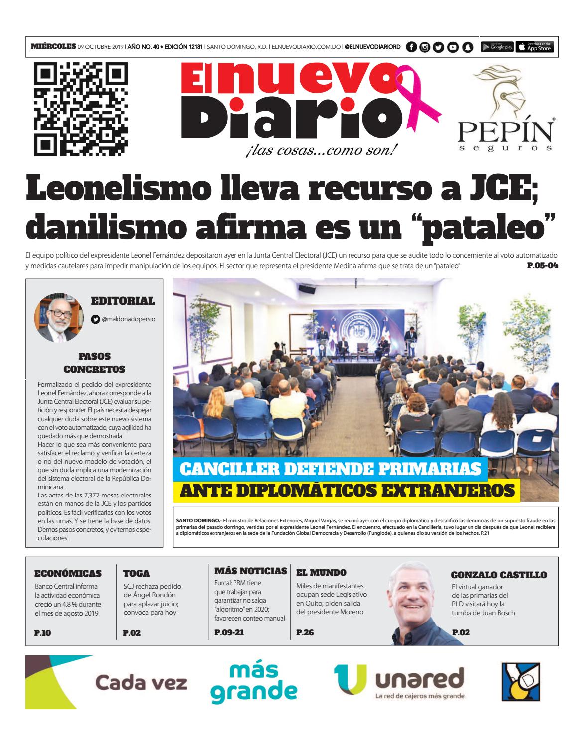 Portada Periódico El Nuevo Diario, Miércoles 07 de Octubre, 2019