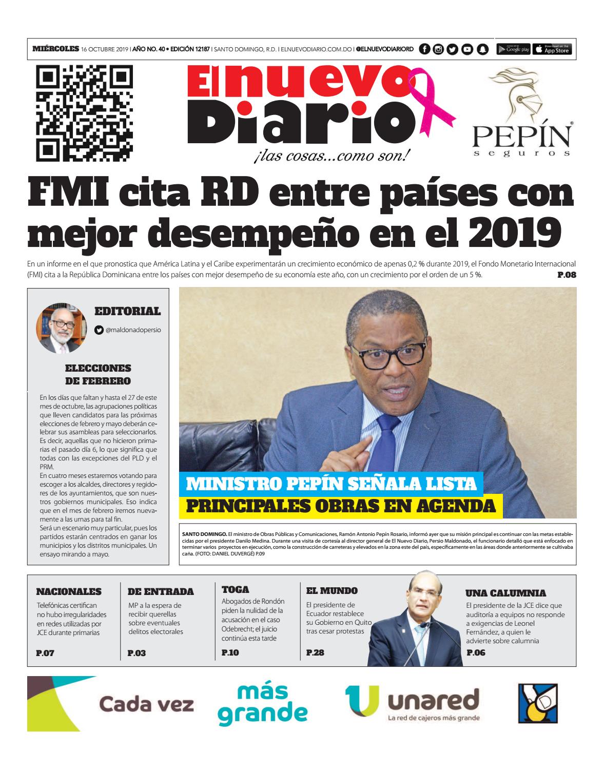 Portada Periódico El Nuevo Diario, Miércoles 16 de Octubre, 2019