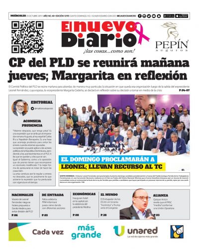 Portada Periódico El Nuevo Diario, Miércoles 23 de Octubre, 2019