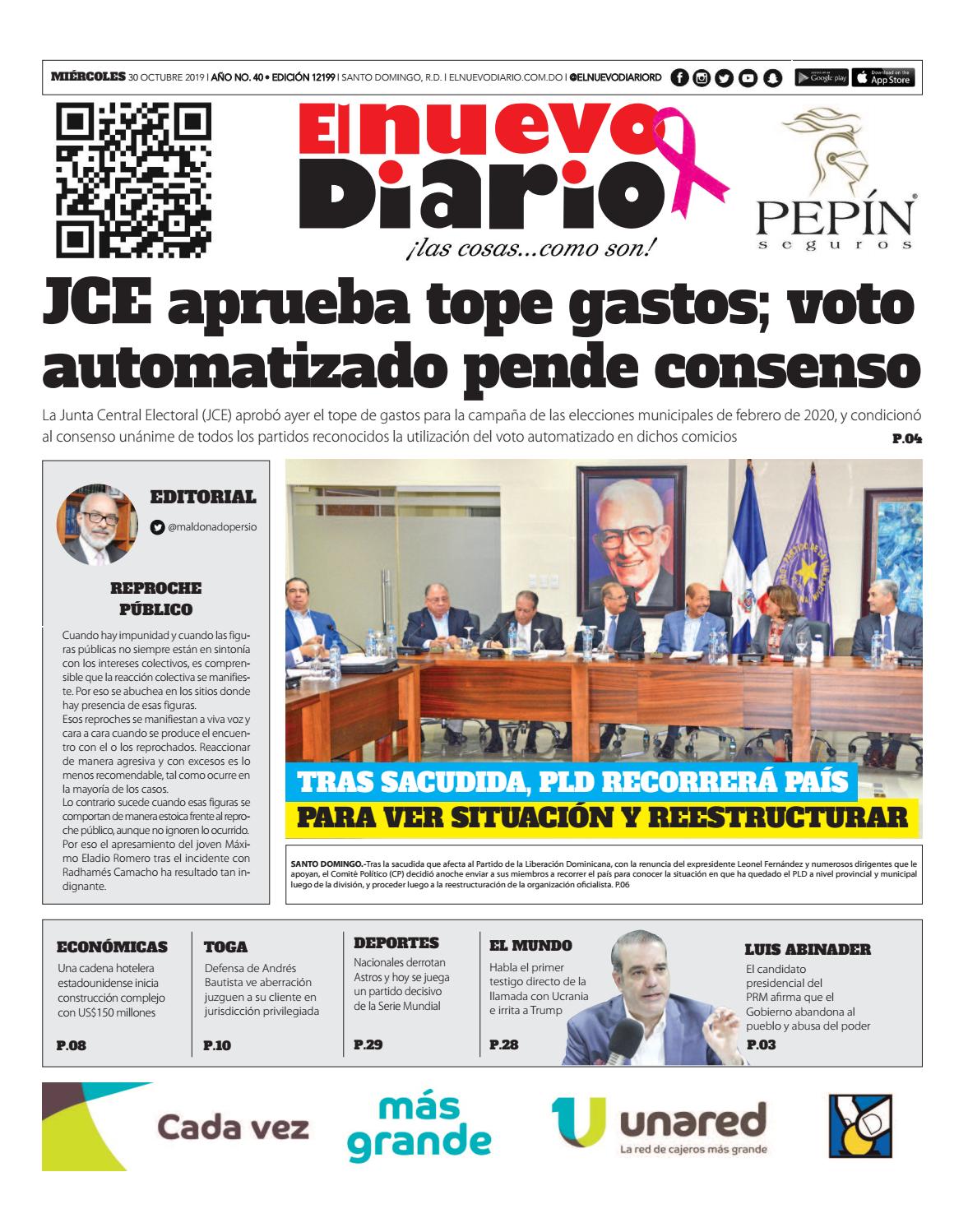 Portada Periódico El Nuevo Diario, Miércoles 30 de Octubre, 2019