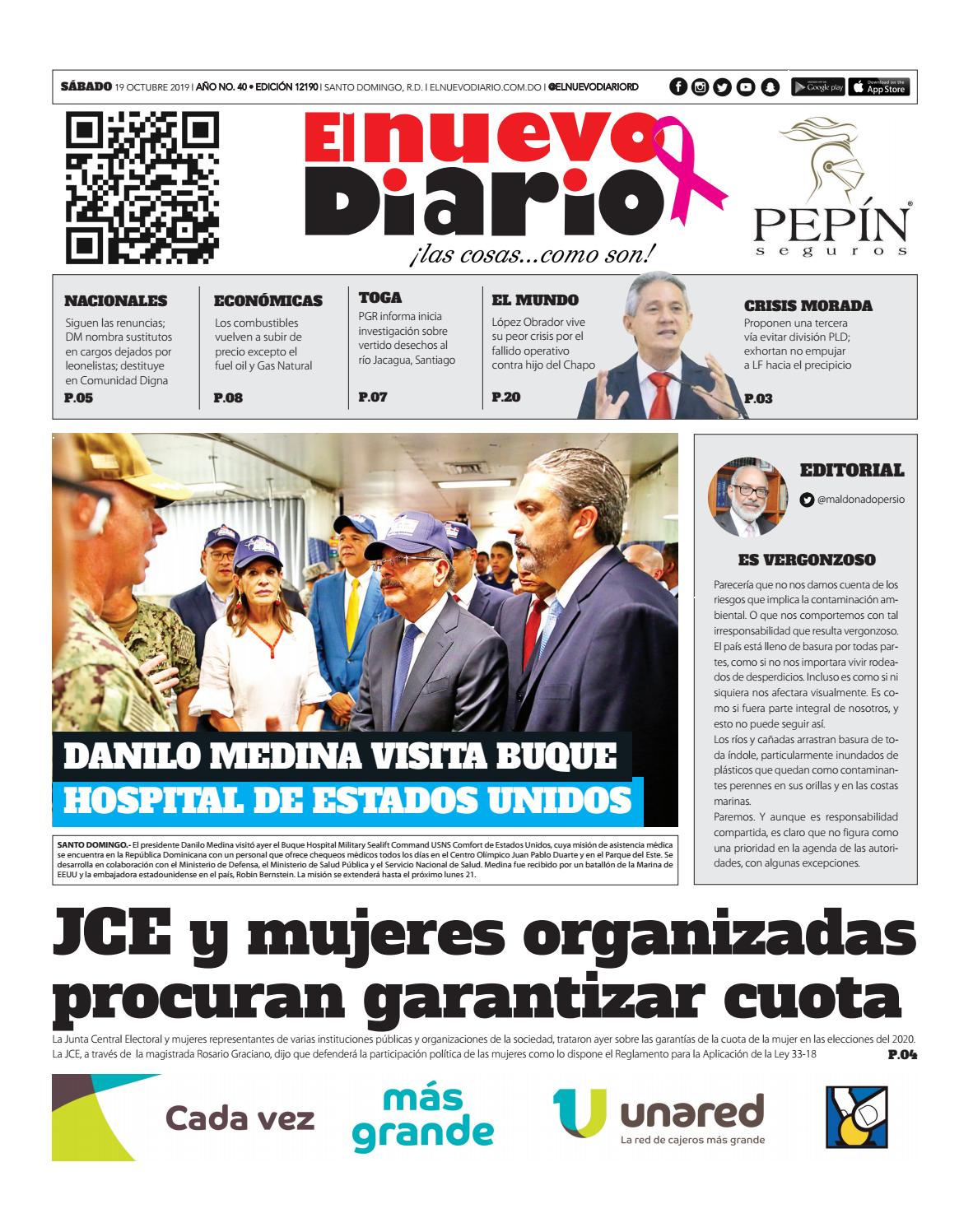 Portada Periódico El Nuevo Diario, Sábado 19 de Octubre, 2019