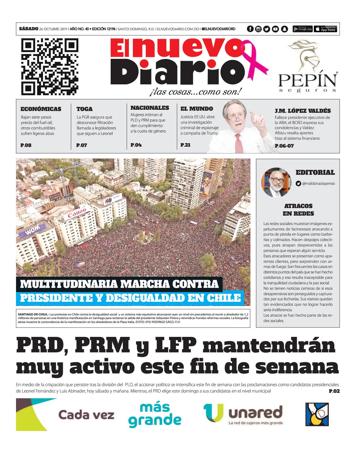 Portada Periódico El Nuevo Diario, Sábado 26 de Octubre, 2019