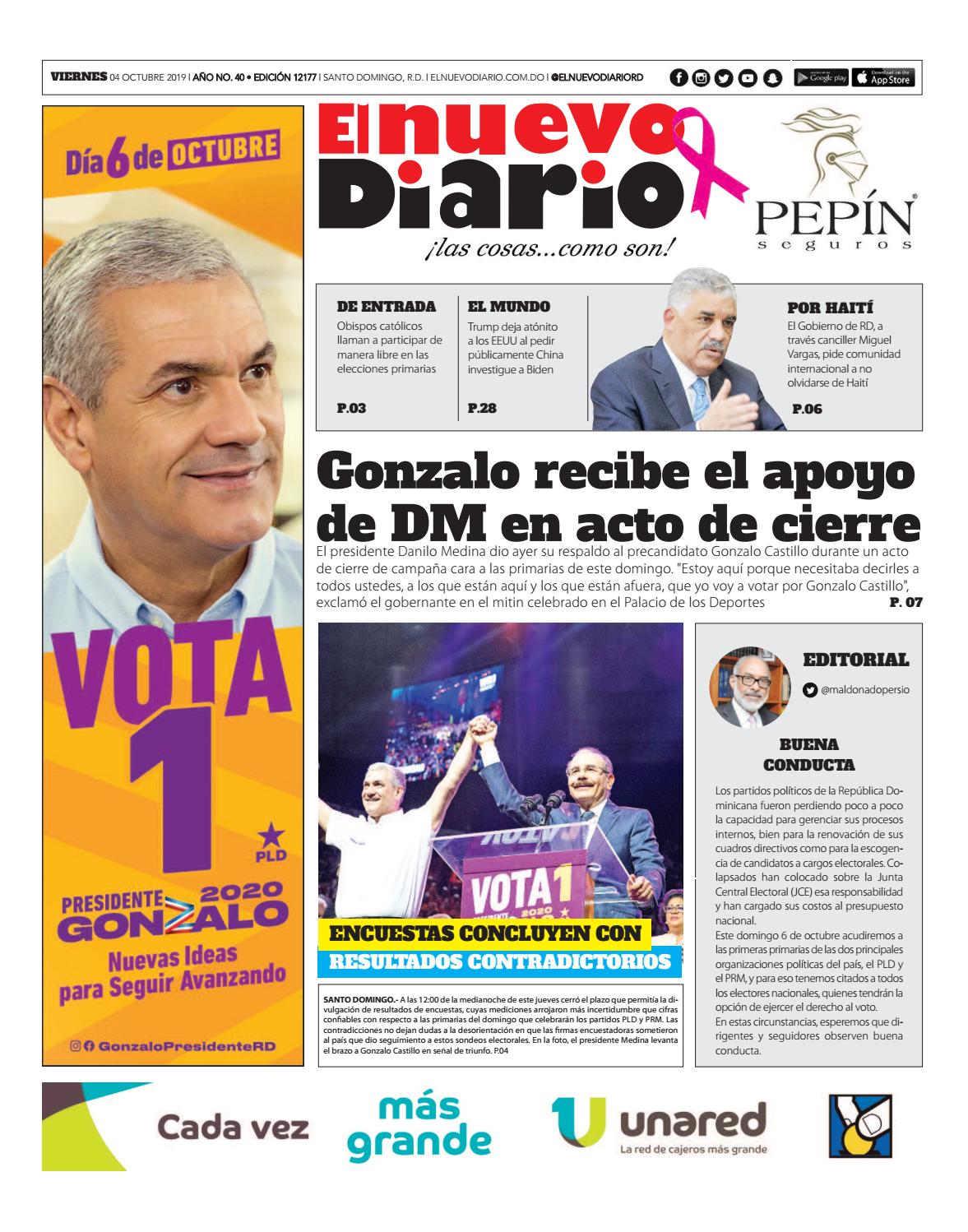 Portada Periódico El Nuevo Diario, Viernes 04 de Octubre, 2019