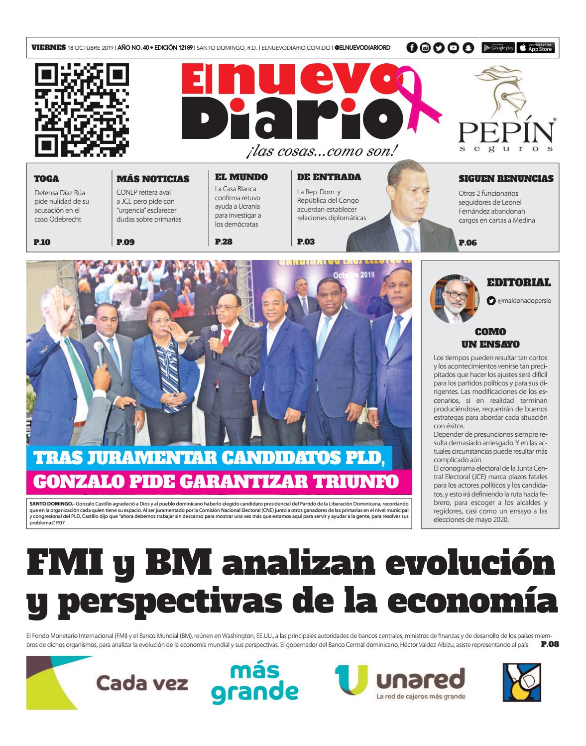 Portada Periódico El Nuevo Diario, Viernes 18 de Octubre, 2019
