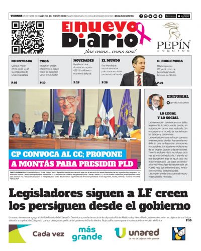 Portada Periódico El Nuevo Diario, Viernes 25 de Octubre, 2019