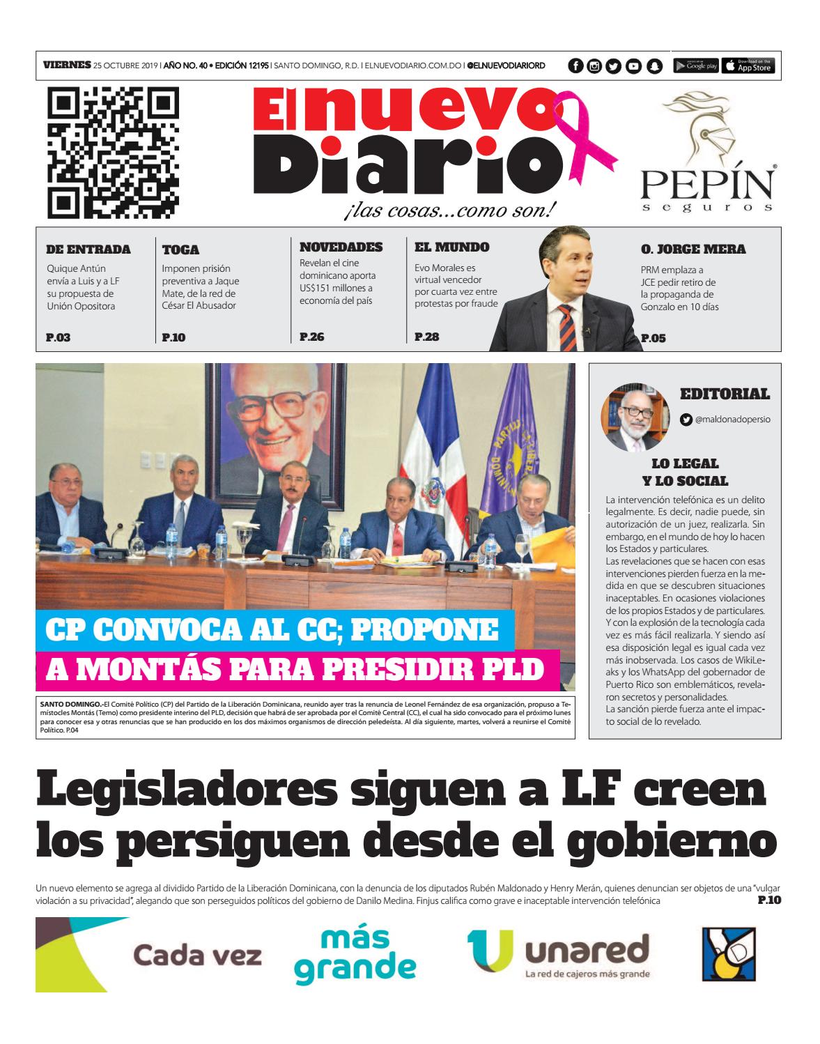 Portada Periódico El Nuevo Diario, Viernes 25 de Octubre, 2019