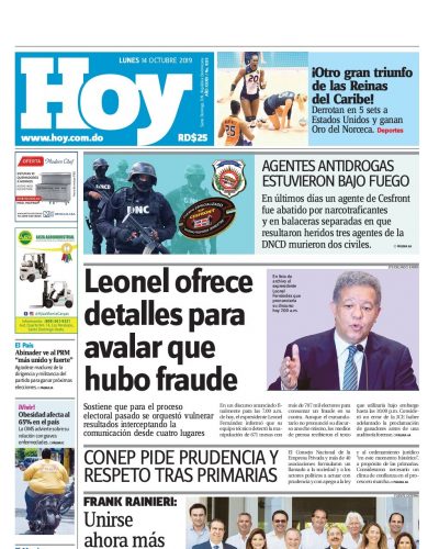 Portada Periódico Hoy, Domingo 13 de Octubre, 2019