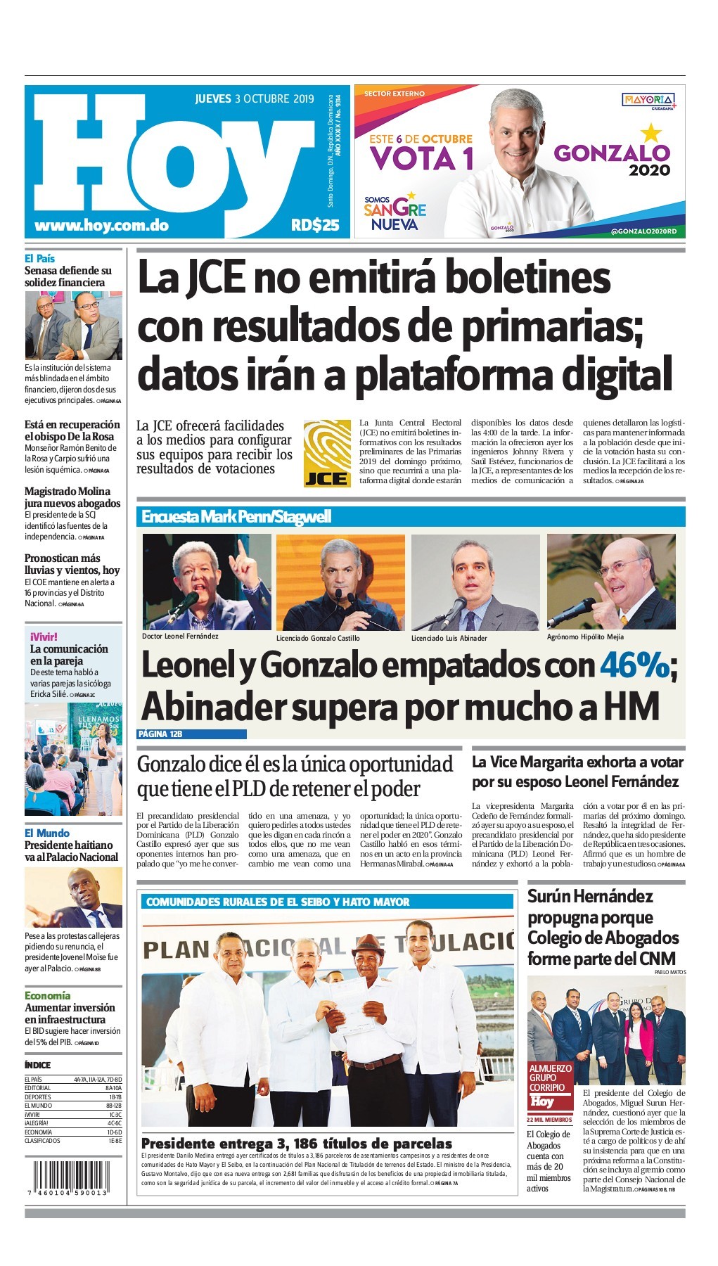 Portada Periódico Hoy, Jueves 03 de Octubre, 2019