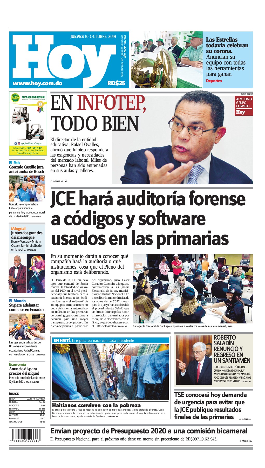 Portada Periódico Hoy, Jueves 08 de Octubre, 2019