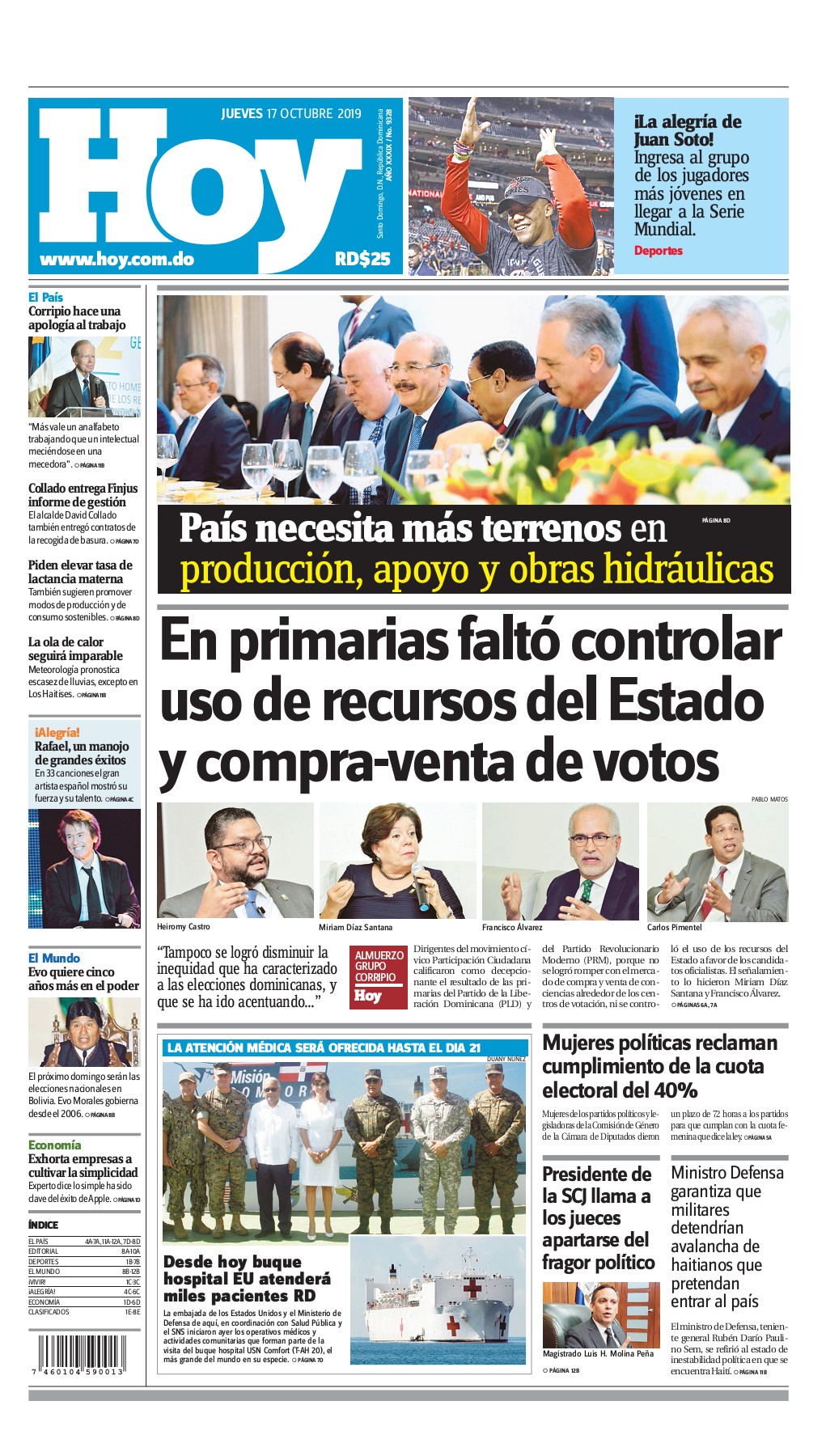 Portada Periódico Hoy, Jueves 17 de Octubre, 2019