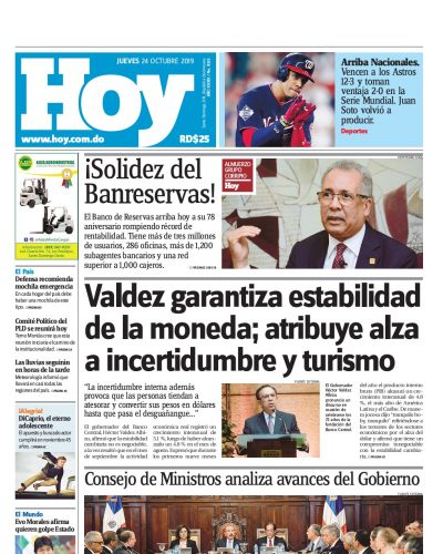 Portada Periódico Hoy, Jueves 24 de Octubre, 2019