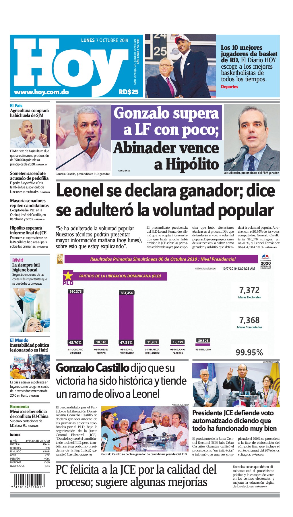 Portada Periódico Hoy, Lunes 05 de Octubre, 2019
