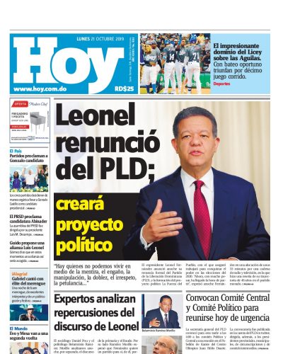 Portada Periódico Hoy, Lunes 21 de Octubre, 2019