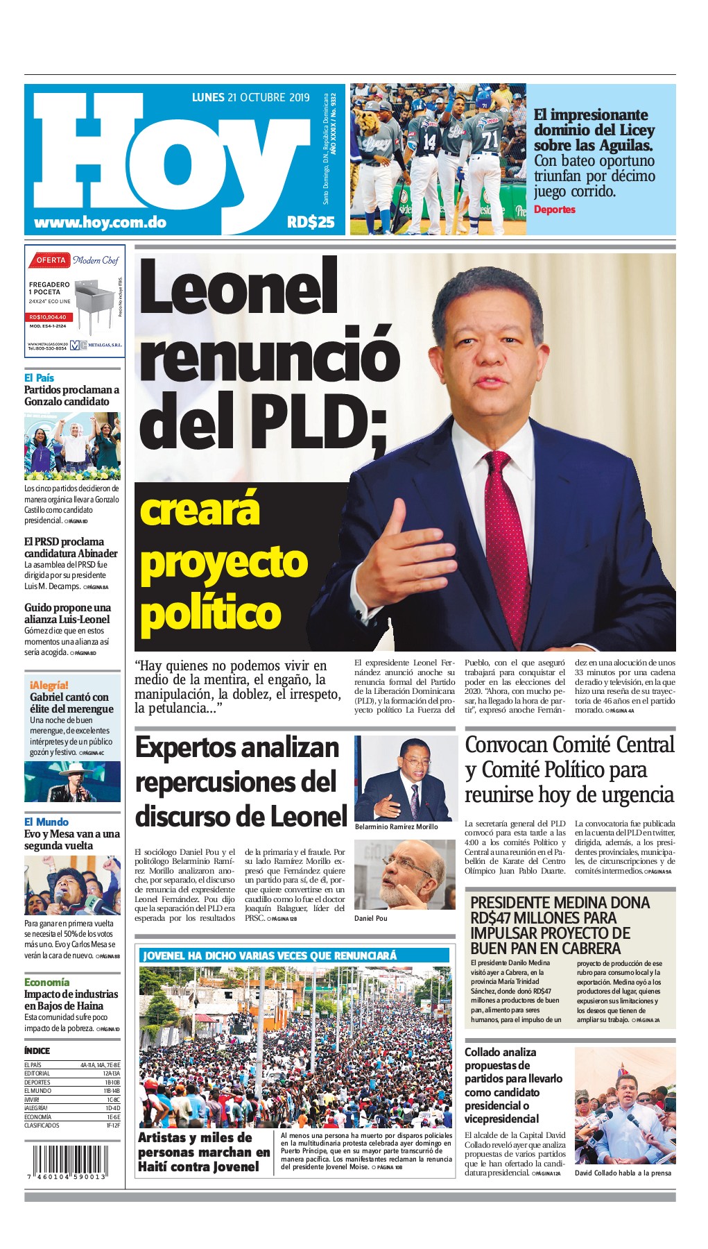 Portada Periódico Hoy, Lunes 21 de Octubre, 2019