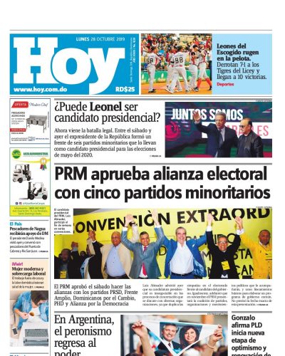 Portada Periódico Hoy, Lunes 28 de Octubre, 2019