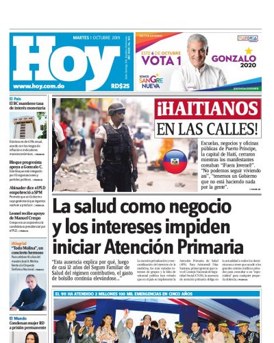 Portada Periódico Hoy, Martes 01 de Octubre, 2019