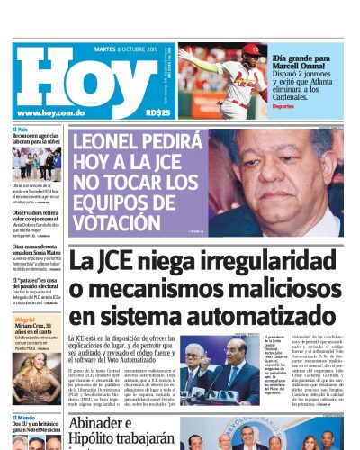 Portada Periódico Hoy, Martes 06 de Octubre, 2019
