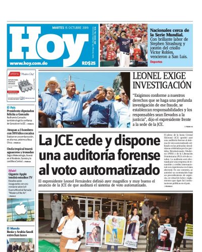 Portada Periódico Hoy, Martes 15 de Octubre, 2019