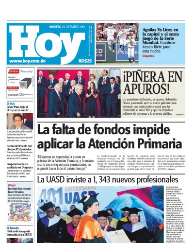 Portada Periódico Hoy, Martes 29 de Octubre, 2019