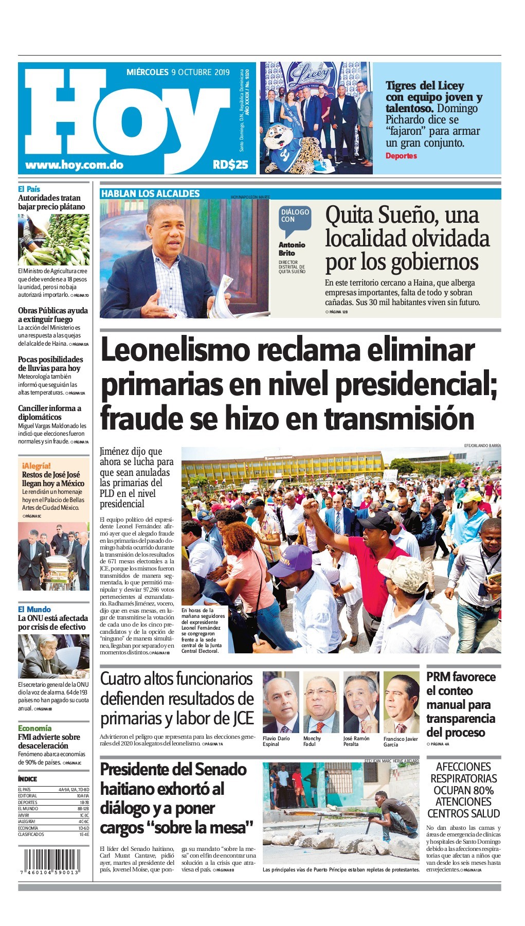 Portada Periódico Hoy, Miércoles 07 de Octubre, 2019
