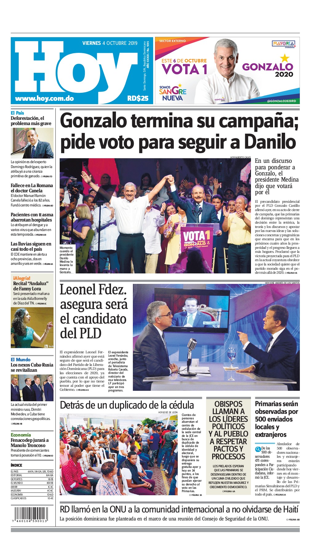 Portada Periódico Hoy, Viernes 04 de Octubre, 2019