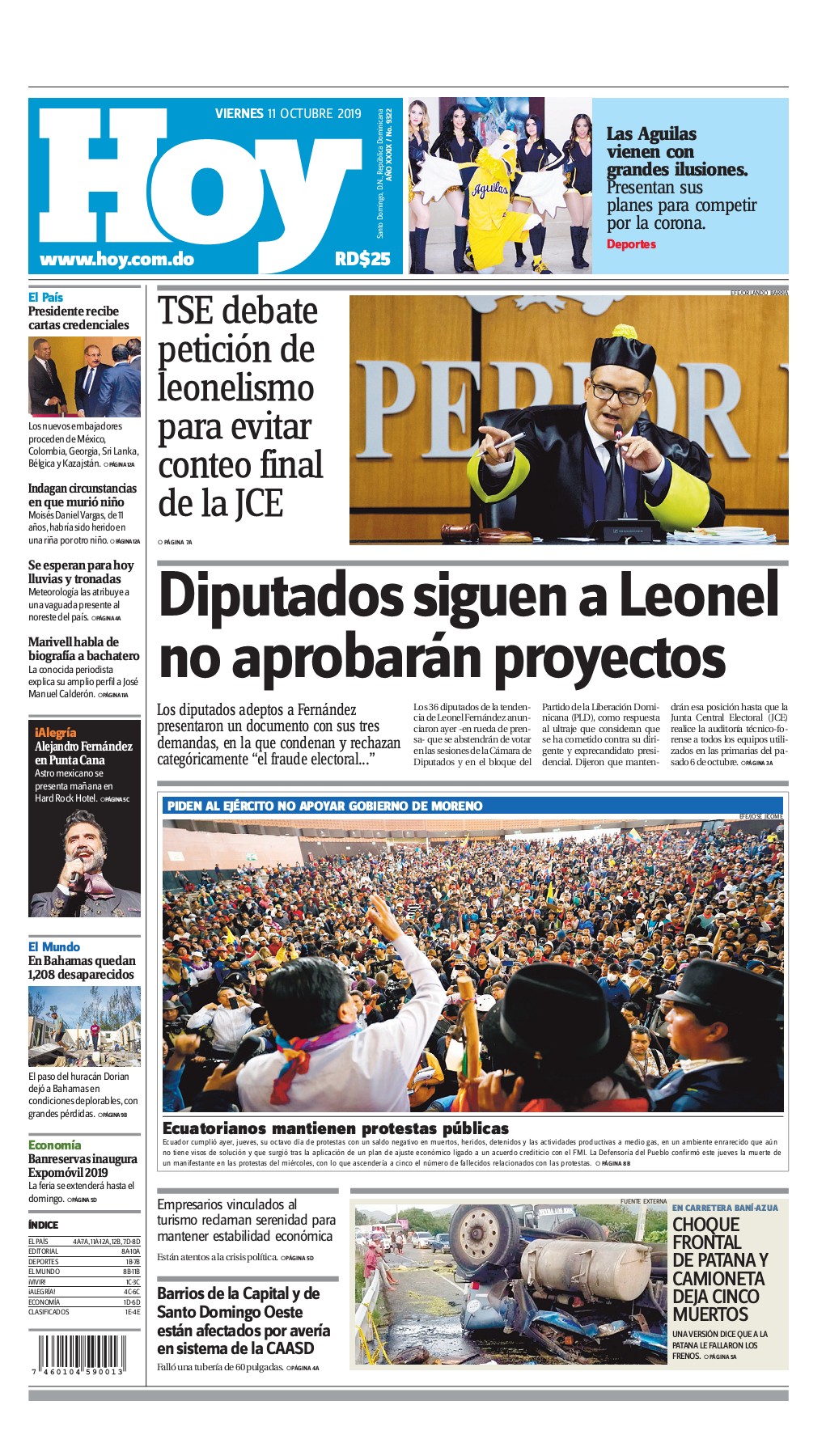 Portada Periódico Hoy, Viernes 09 de Octubre, 2019