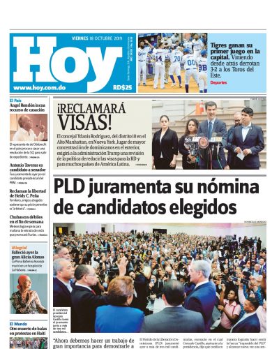 Portada Periódico Hoy, Viernes 18 de Octubre, 2019