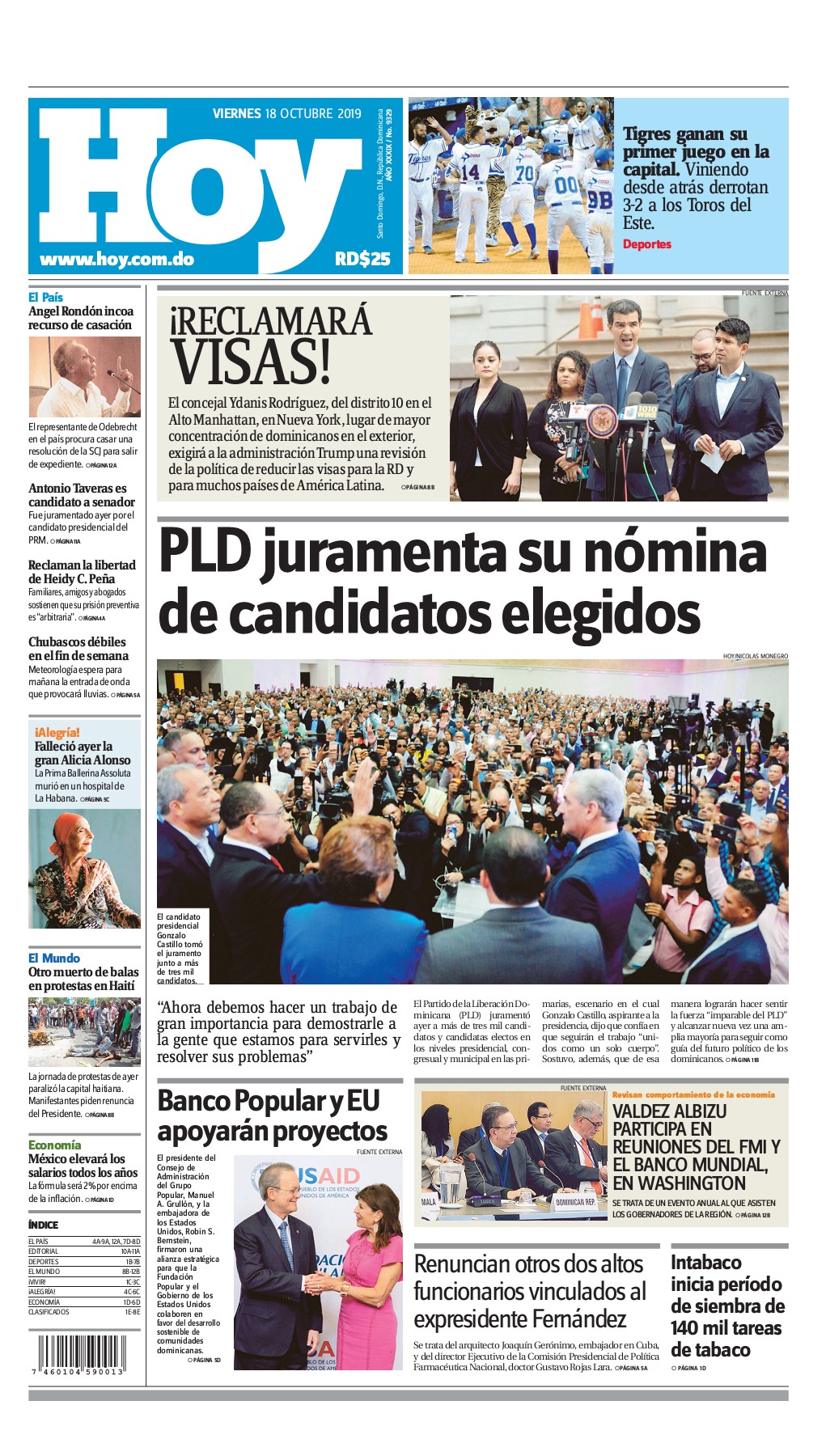 Portada Periódico Hoy, Viernes 18 de Octubre, 2019