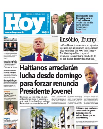 Portada Periódico Hoy, Viernes 25 de Octubre, 2019