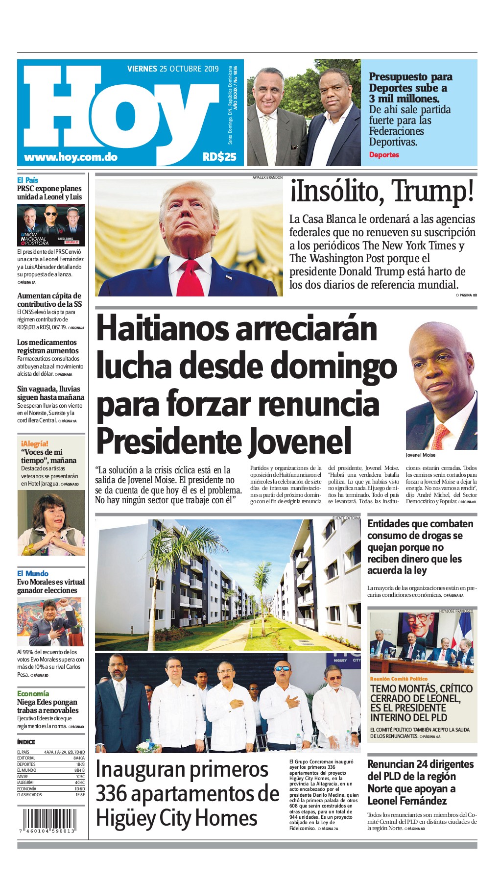 Portada Periódico Hoy, Viernes 25 de Octubre, 2019