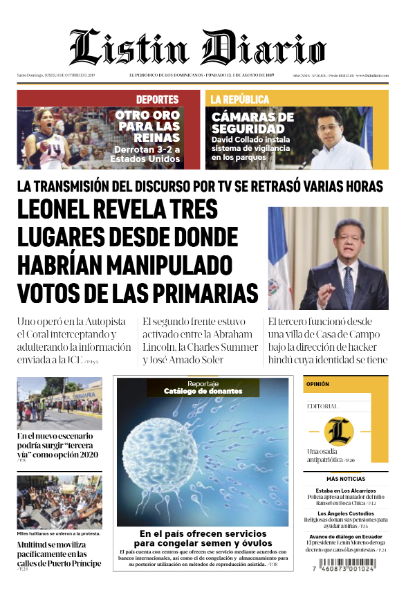 Portada Periódico Listín Diario, Domingo 13 de Octubre, 2019