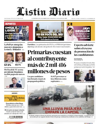 Portada Periódico Listín Diario, Jueves 03 de Octubre, 2019