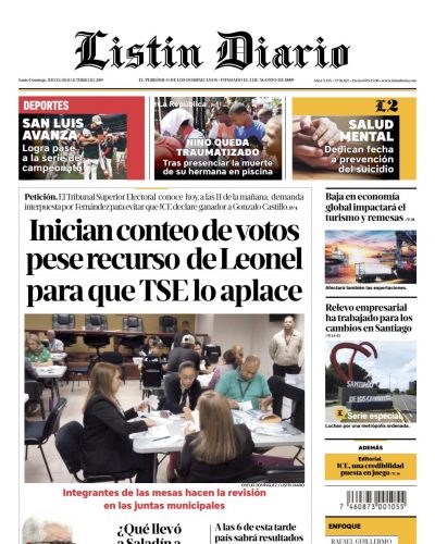 Portada Periódico Listín Diario, Jueves 08 de Octubre, 2019