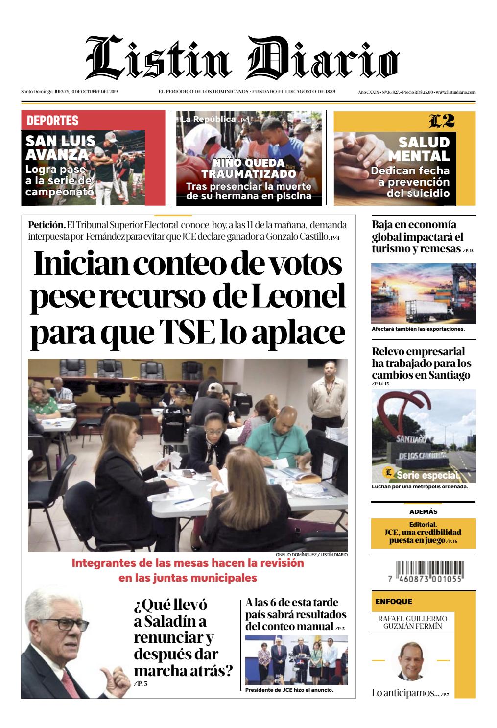 Portada Periódico Listín Diario, Jueves 08 de Octubre, 2019