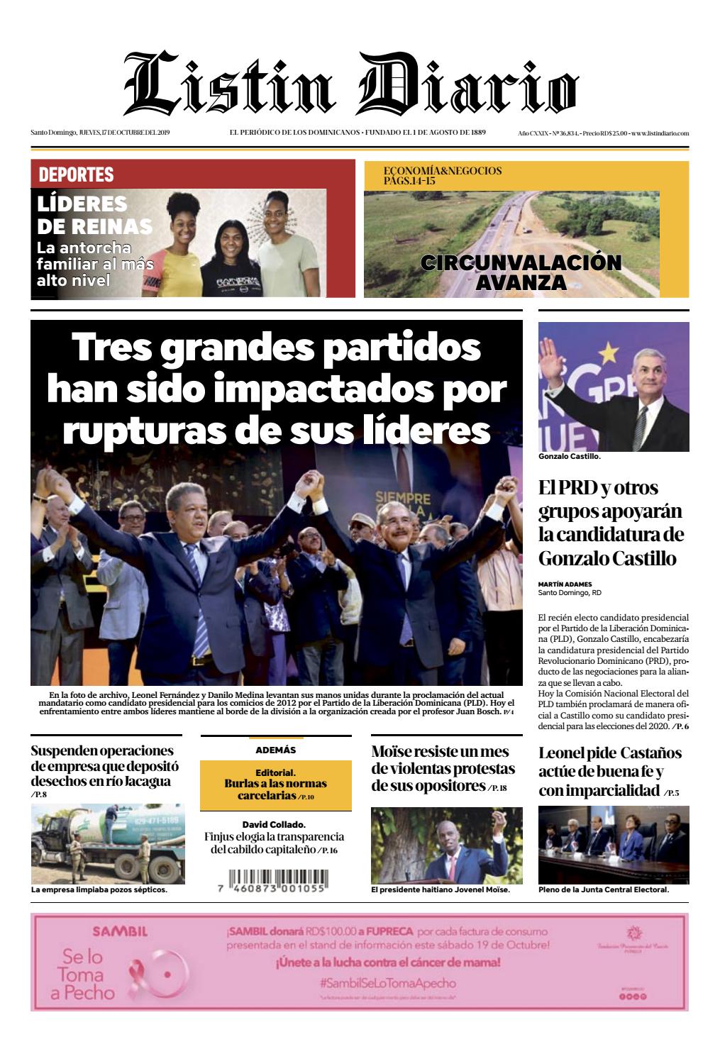 Portada Periódico Listín Diario, Jueves 17 de Octubre, 2019