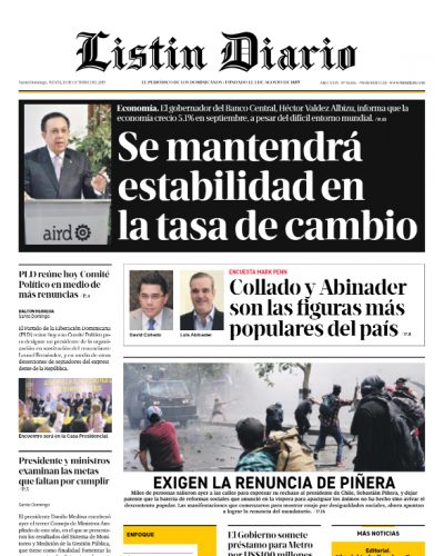 Portada Periódico Listín Diario, Jueves 24 de Octubre, 2019