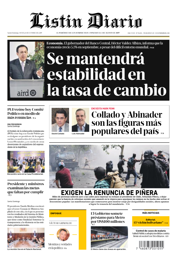 Portada Periódico Listín Diario, Jueves 24 de Octubre, 2019